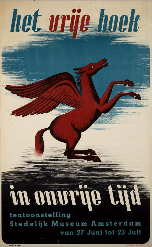 1947 poster voor promotie van tentoonstelling het Vrije boek in onvrije tijd in Stedelijk Museum Amsterdam